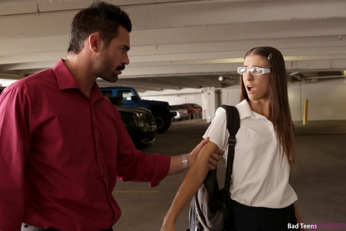 Teen brunette with glasses Tara Ashley got punished by stepfather photo 3